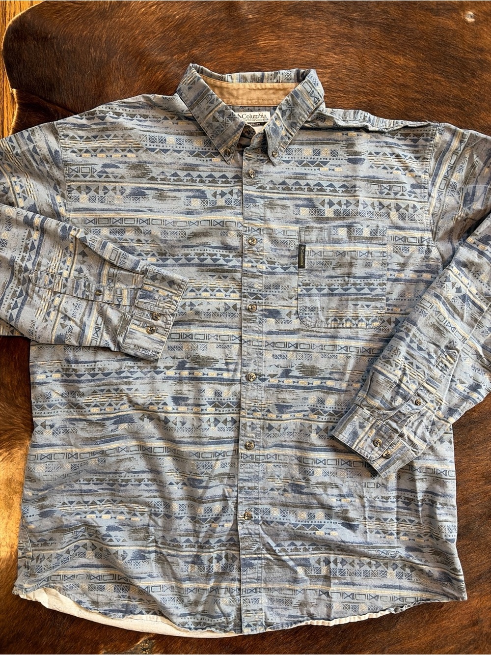 Columbia Mens Shirt Button Up Aztec Print Long Sleeve Blue Outdoor XLT Cottage